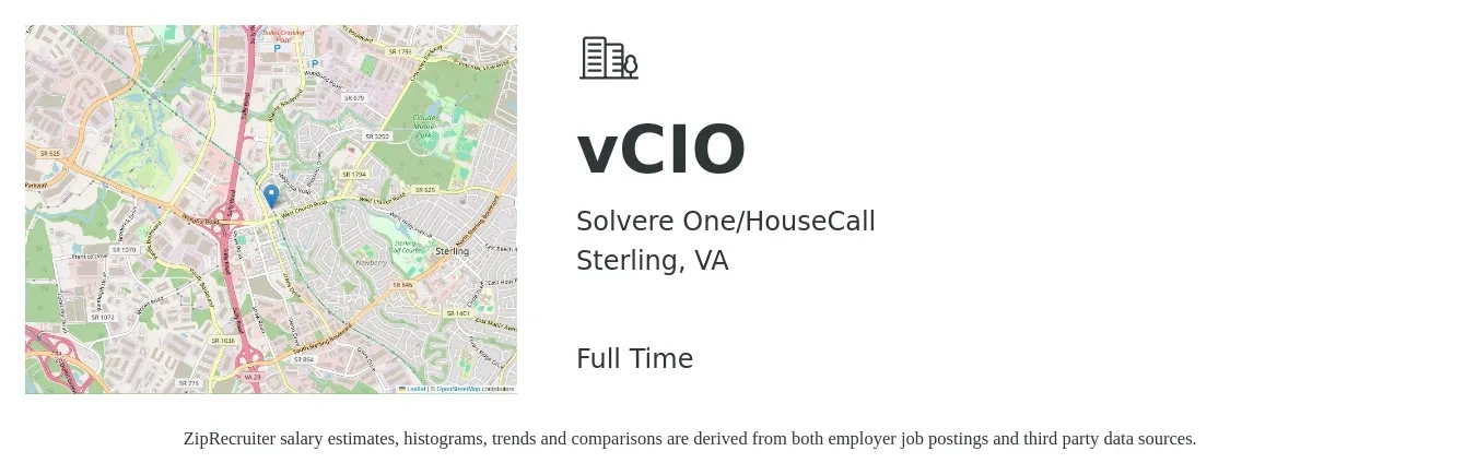 Solvere One/HouseCall job posting for a vCIO in Sterling, VA with a salary of $96,400 to $143,900 Yearly with a map of Sterling location.