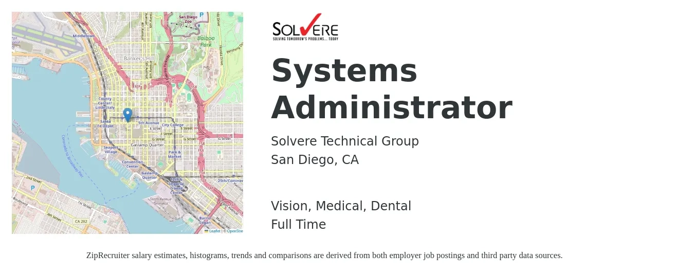 Solvere Technical Group job posting for a Systems Administrator in San Diego, CA with a salary of $74,300 to $110,400 Yearly and benefits including dental, life_insurance, medical, retirement, and vision with a map of San Diego location.