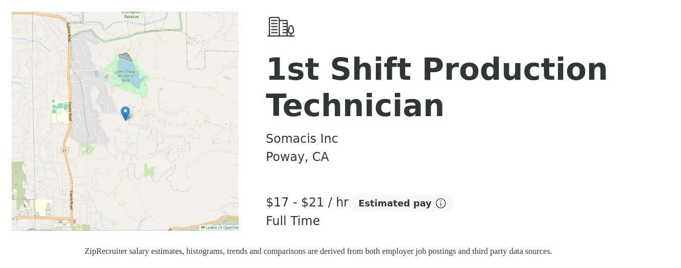 Somacis Inc job posting for a 1st Shift Production Technician in Poway, CA with a salary of $18 to $22 Hourly with a map of Poway location.