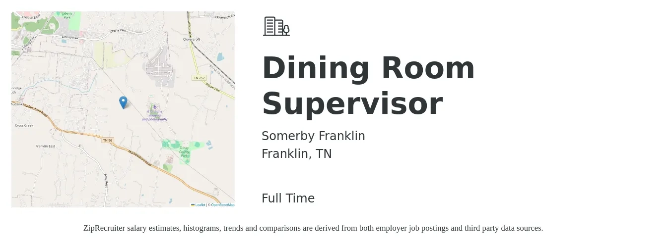 Somerby Franklin job posting for a Dining Room Supervisor in Franklin, TN with a salary of $18 to $31 Hourly with a map of Franklin location.