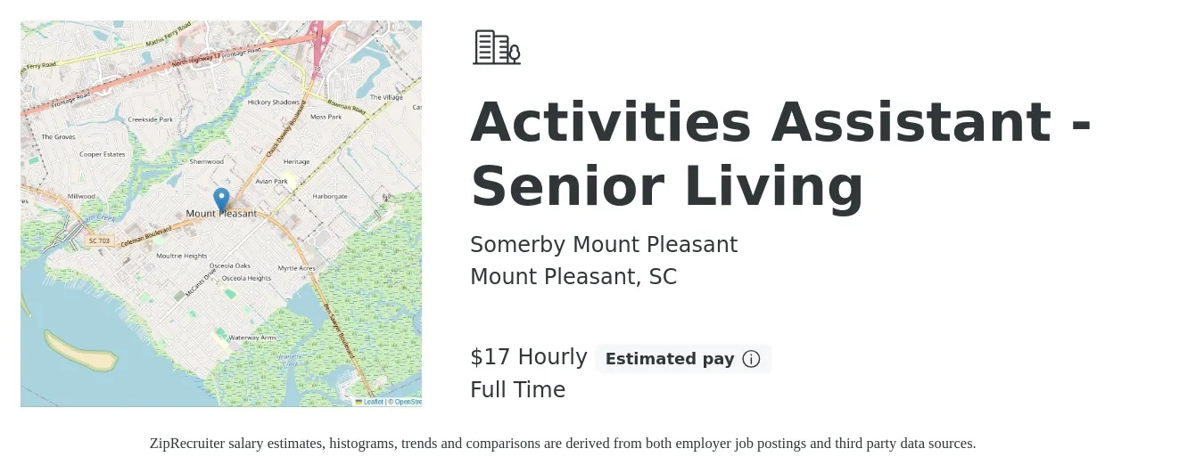 Somerby Mount Pleasant job posting for a Activities Assistant - Senior Living in Mount Pleasant, SC with a salary of $18 Hourly with a map of Mount Pleasant location.
