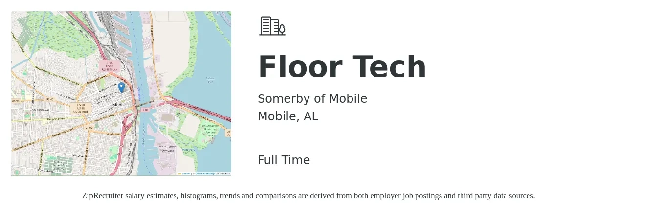 Somerby of Mobile job posting for a Floor Tech in Mobile, AL with a salary of $15 to $18 Hourly with a map of Mobile location.