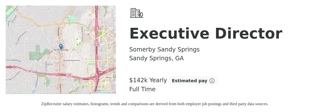 Somerby Sandy Springs job posting for a Executive Director in Sandy Springs, GA with a salary of $142,000 Yearly with a map of Sandy Springs location.