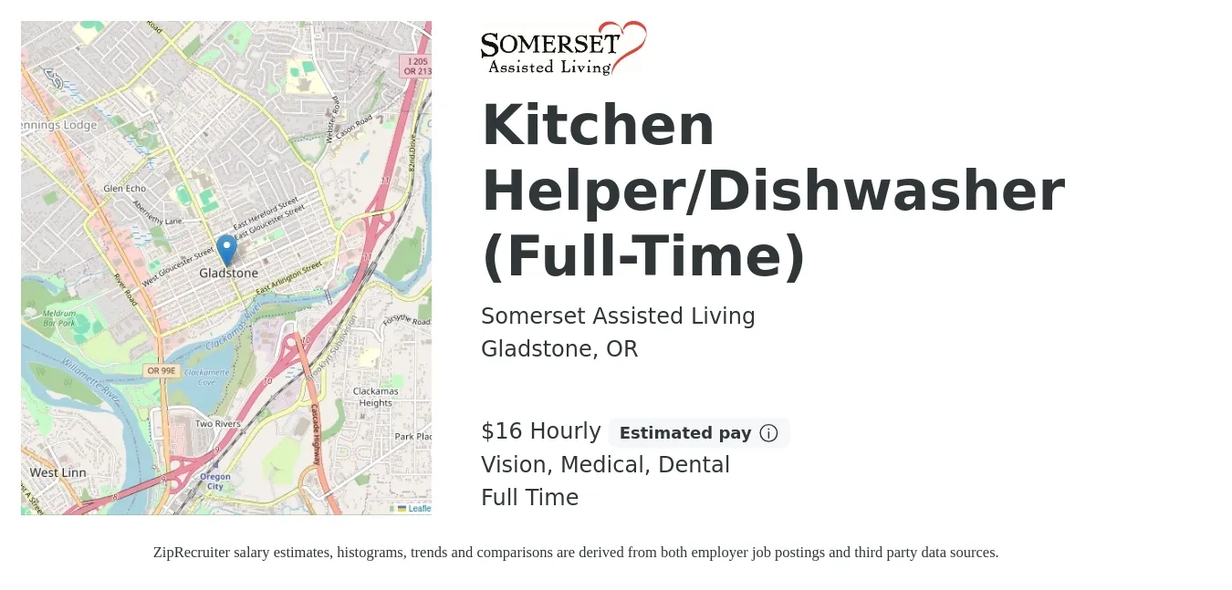 Somerset Assisted Living job posting for a Kitchen Helper/Dishwasher (Full-Time) in Gladstone, OR with a salary of $17 Hourly and benefits including medical, retirement, vision, dental, and life_insurance with a map of Gladstone location.