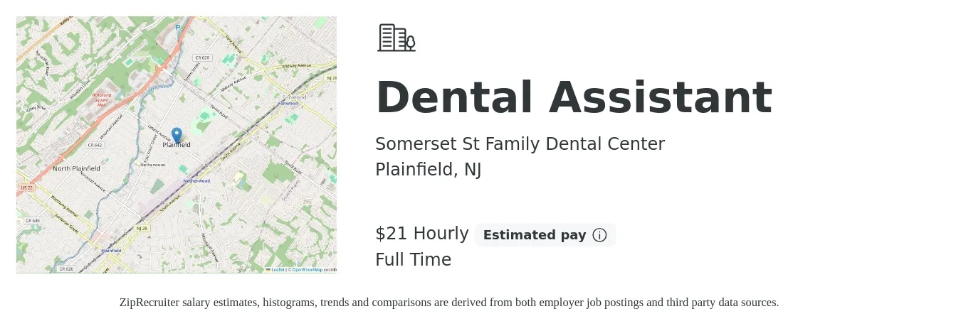Somerset St Family Dental Center job posting for a Dental Assistant in Plainfield, NJ with a salary of $22 Hourly with a map of Plainfield location.