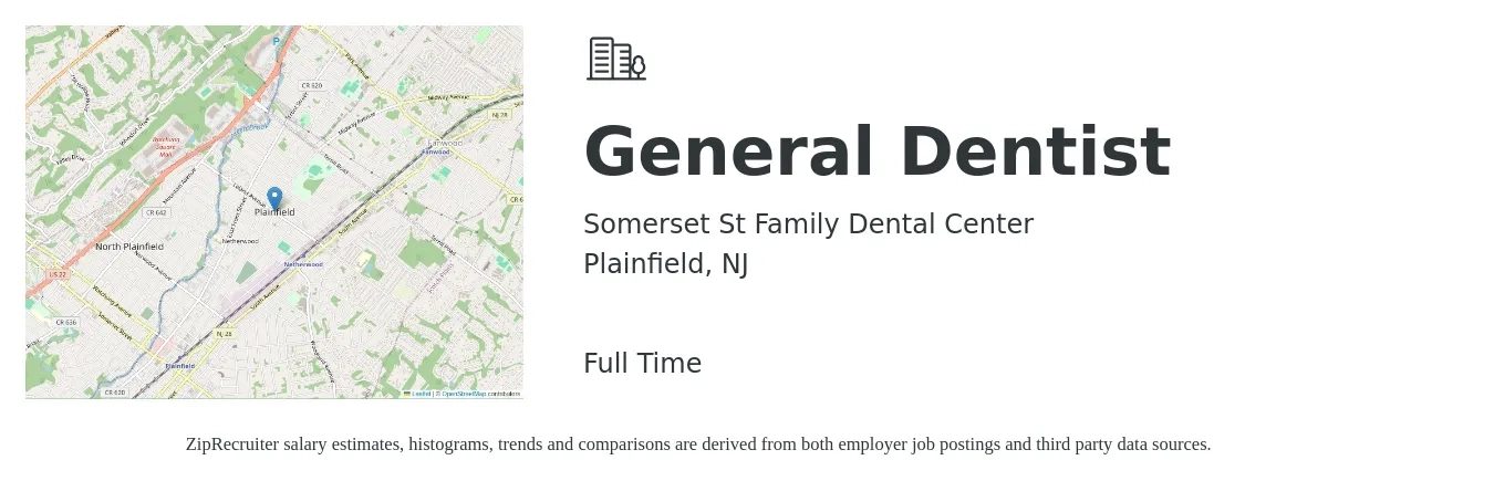 Somerset St Family Dental Center job posting for a General Dentist in Plainfield, NJ with a salary of $700 Daily with a map of Plainfield location.