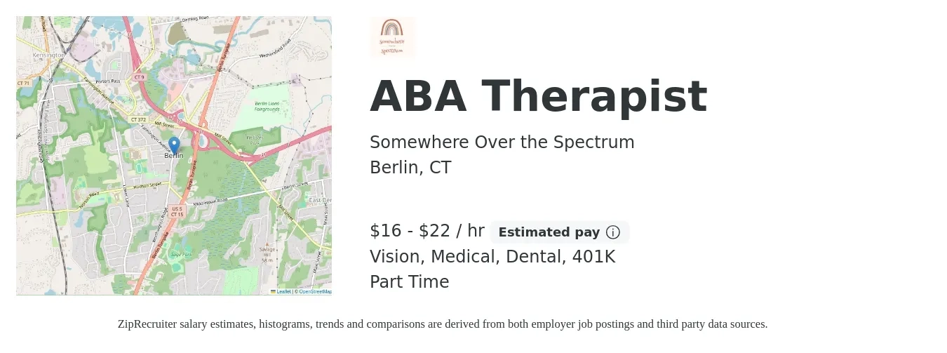 Somewhere Over the Spectrum job posting for a ABA Therapist in Berlin, CT with a salary of $17 to $23 Hourly and benefits including medical, vision, 401k, and dental with a map of Berlin location.