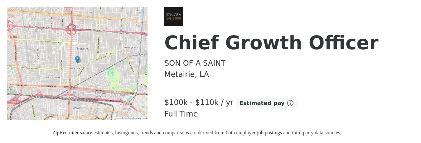 SON OF A SAINT job posting for a Chief Growth Officer in Metairie, LA with a salary of $100,000 to $110,000 Yearly with a map of Metairie location.