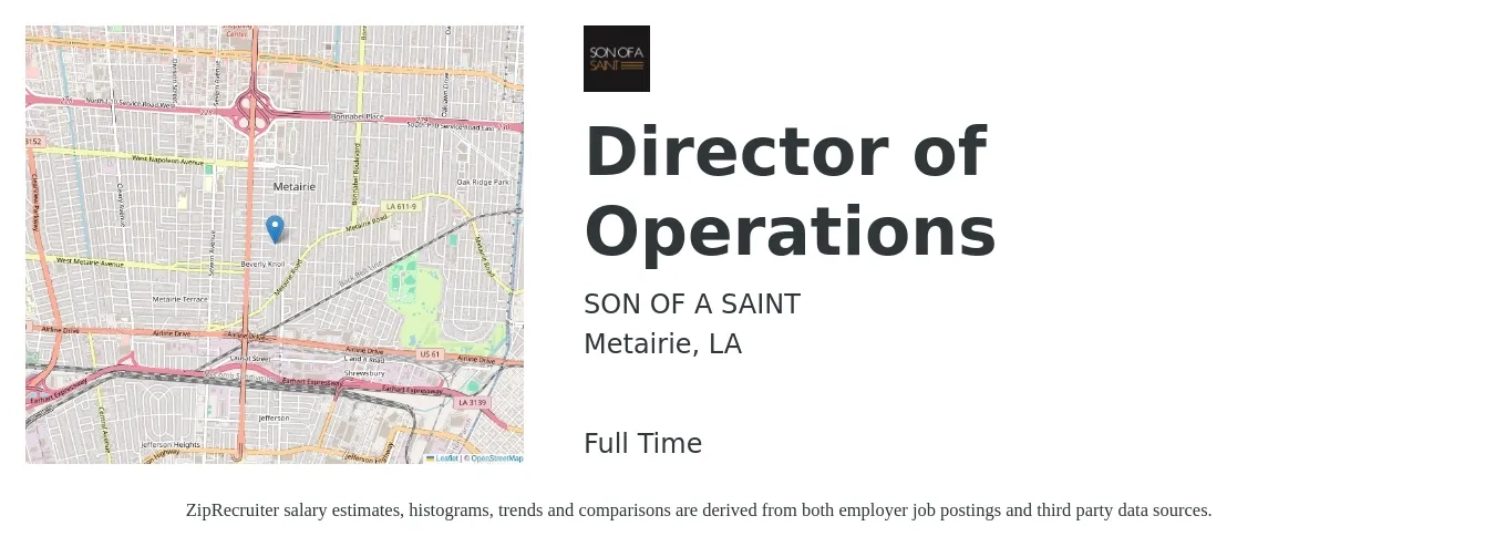 SON OF A SAINT job posting for a Director of Operations in Metairie, LA with a salary of $68,100 to $122,200 Yearly with a map of Metairie location.
