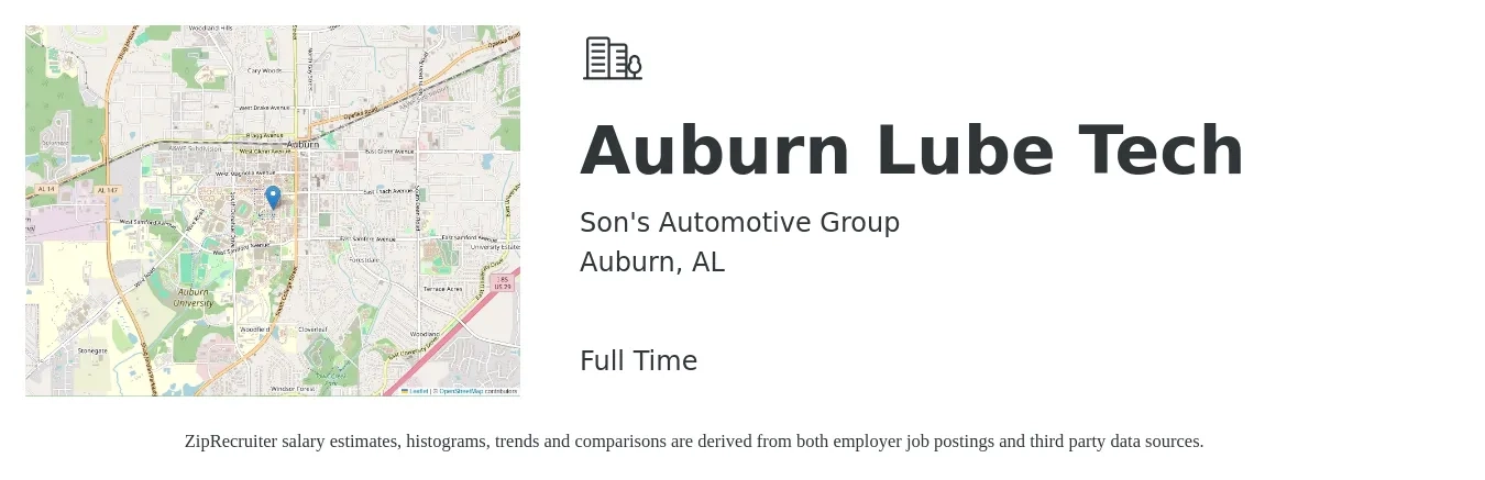 Son's Automotive Group job posting for a Auburn Lube Tech in Auburn, AL with a salary of $12 to $16 Hourly with a map of Auburn location.