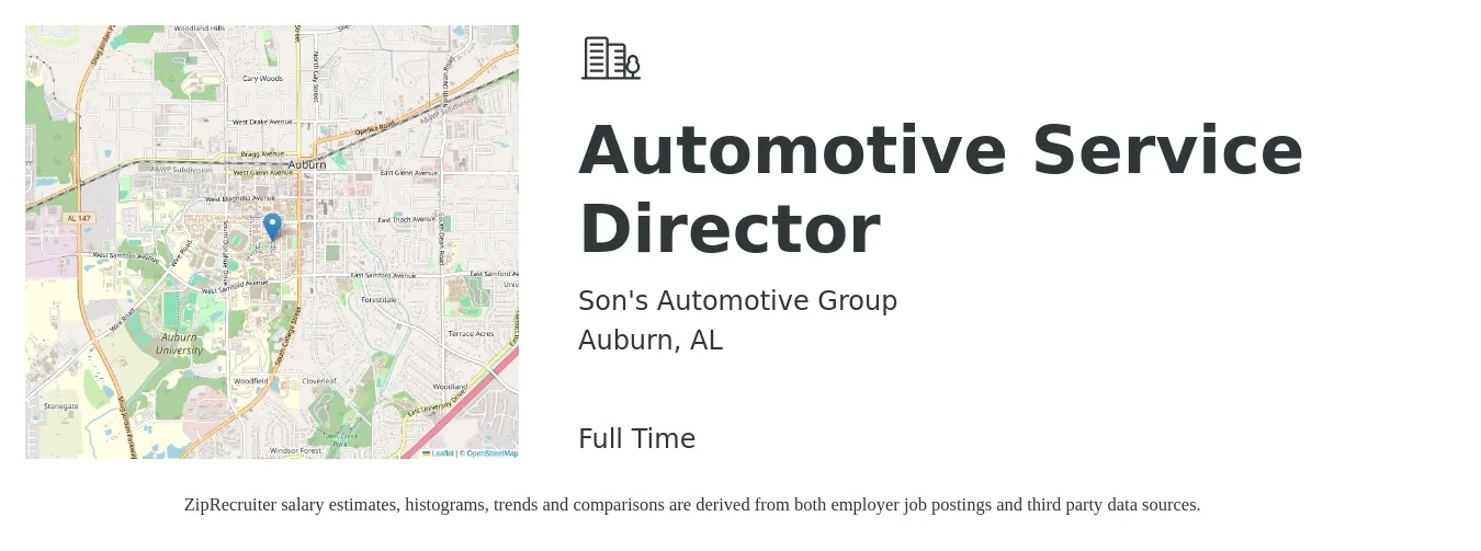Son's Automotive Group job posting for a Automotive Service Director in Auburn, AL with a salary of $76,300 to $124,400 Yearly with a map of Auburn location.