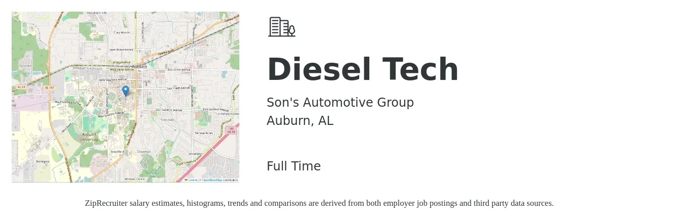 Son's Automotive Group job posting for a Diesel Tech in Auburn, AL with a salary of $22 to $31 Hourly with a map of Auburn location.