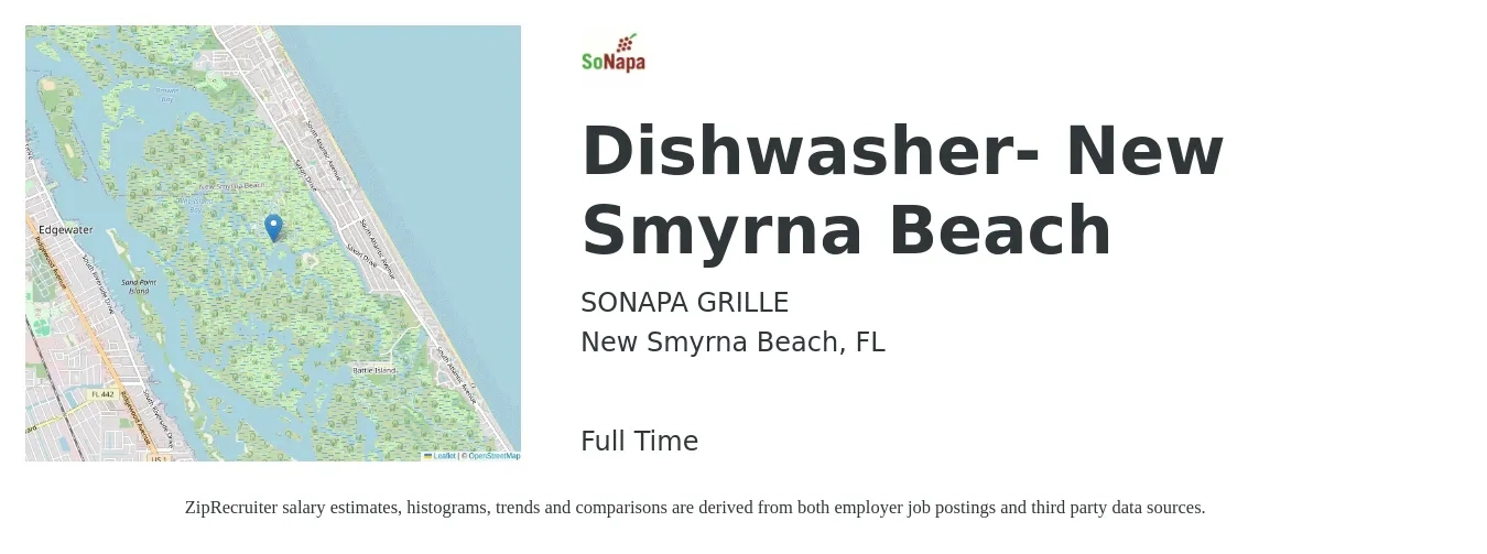SONAPA GRILLE job posting for a Dishwasher- New Smyrna Beach in New Smyrna Beach, FL with a salary of $12 to $15 Hourly with a map of New Smyrna Beach location.