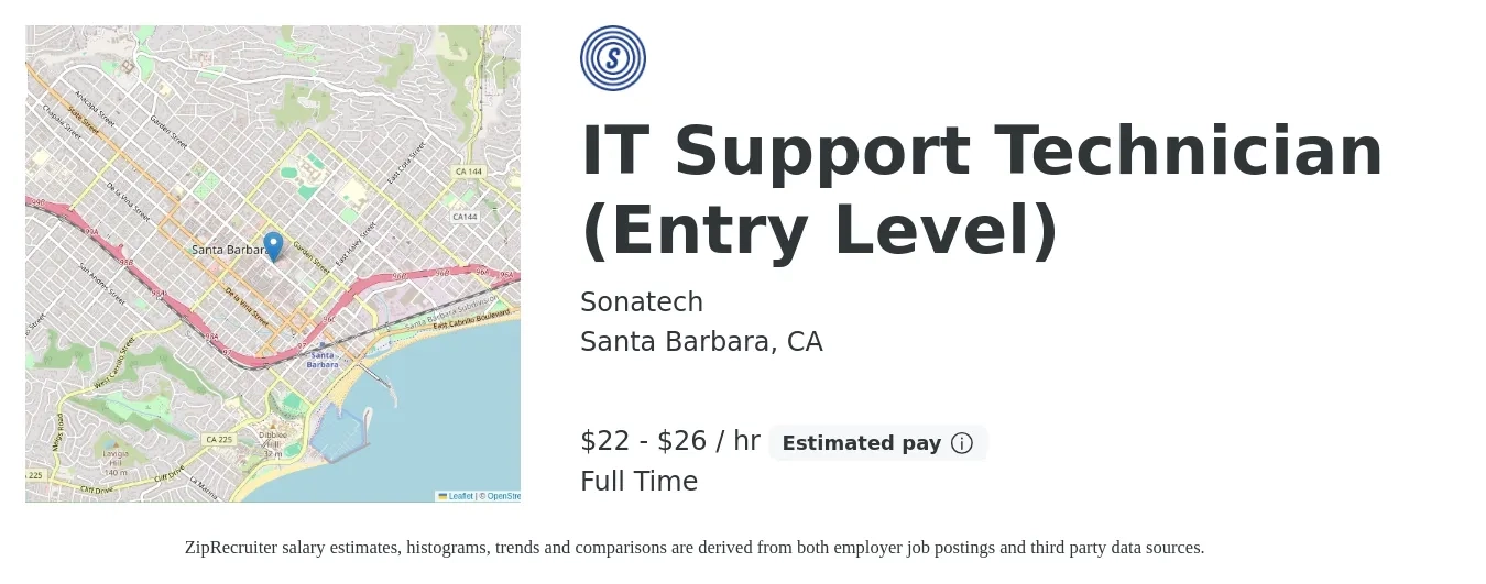 Sonatech job posting for a IT Support Technician (Entry Level) in Santa Barbara, CA with a salary of $23 to $28 Hourly with a map of Santa Barbara location.