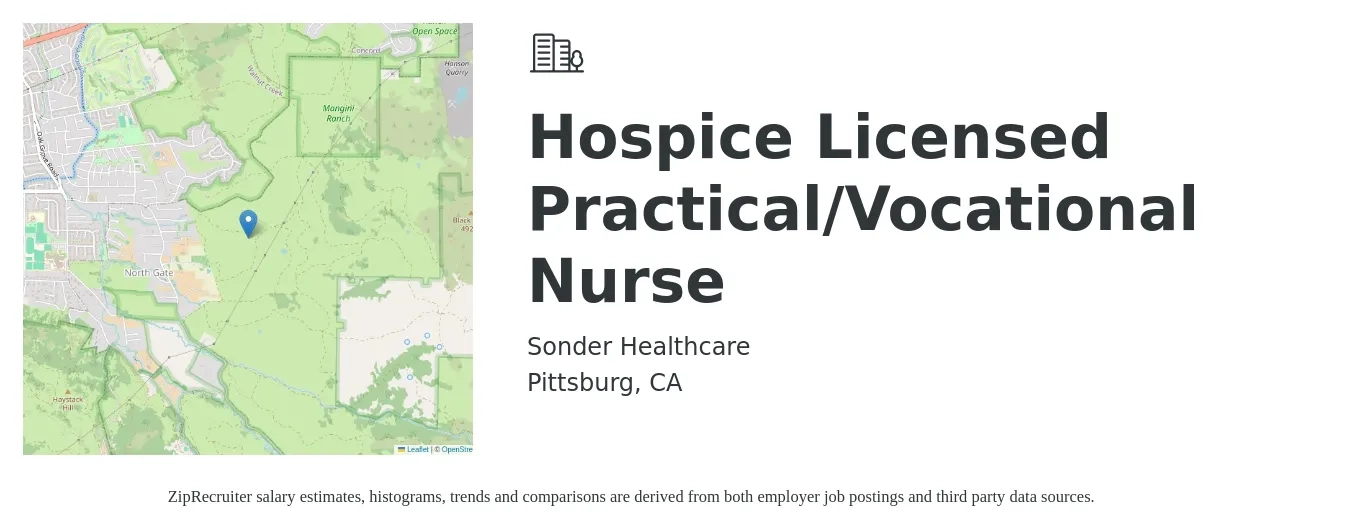 Sonder Healthcare job posting for a Hospice Licensed Practical/Vocational Nurse in Pittsburg, CA with a salary of $35 to $45 Hourly with a map of Pittsburg location.