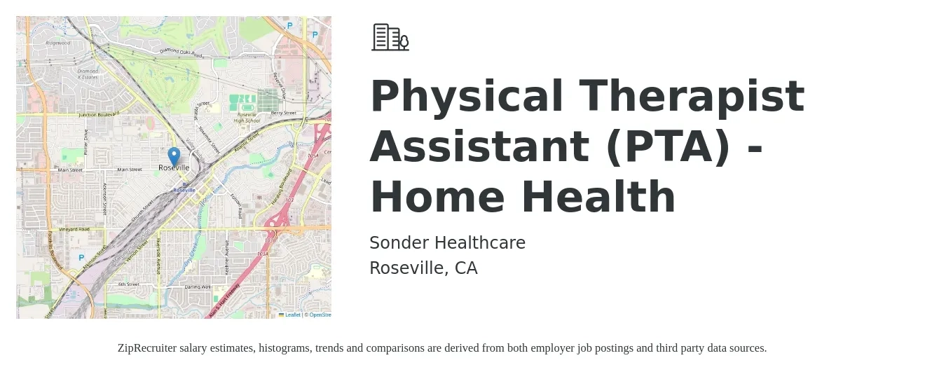 Sonder Healthcare job posting for a Physical Therapist Assistant (PTA) - Home Health in Roseville, CA with a salary of $90 Hourly with a map of Roseville location.