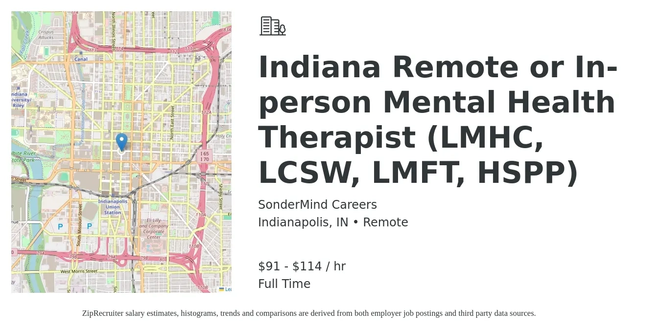 SonderMind Careers job posting for a Indiana Remote or In-person Mental Health Therapist (LMHC, LCSW, LMFT, HSPP) in Indianapolis, IN with a salary of $95 to $119 Hourly with a map of Indianapolis location.