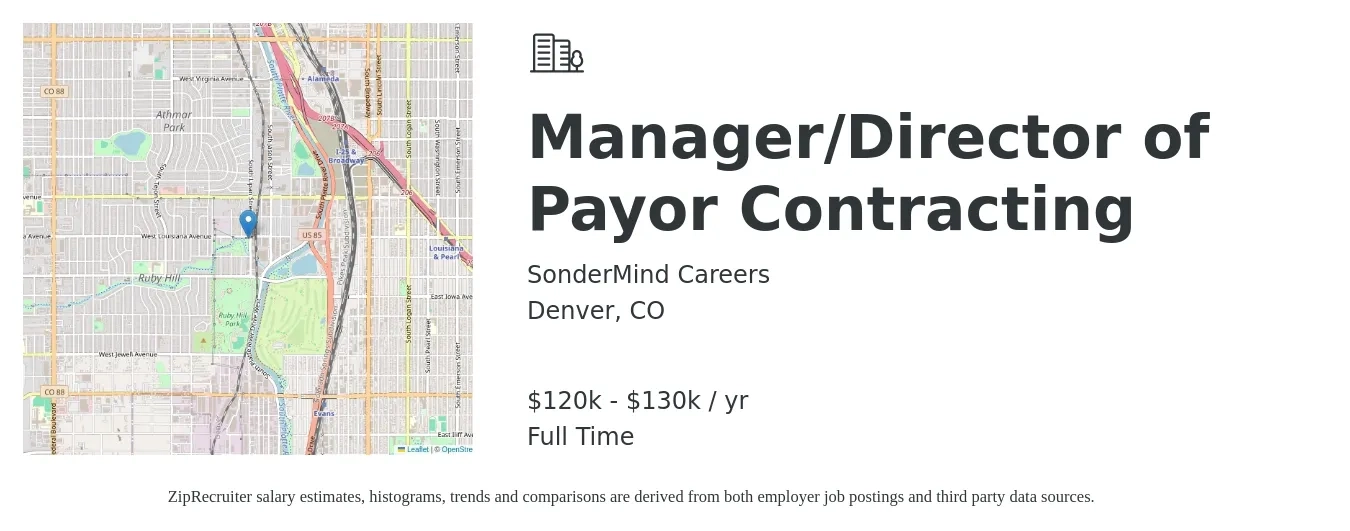 SonderMind Careers job posting for a Manager/Director of Payor Contracting in Denver, CO with a salary of $120,000 to $130,000 Yearly with a map of Denver location.