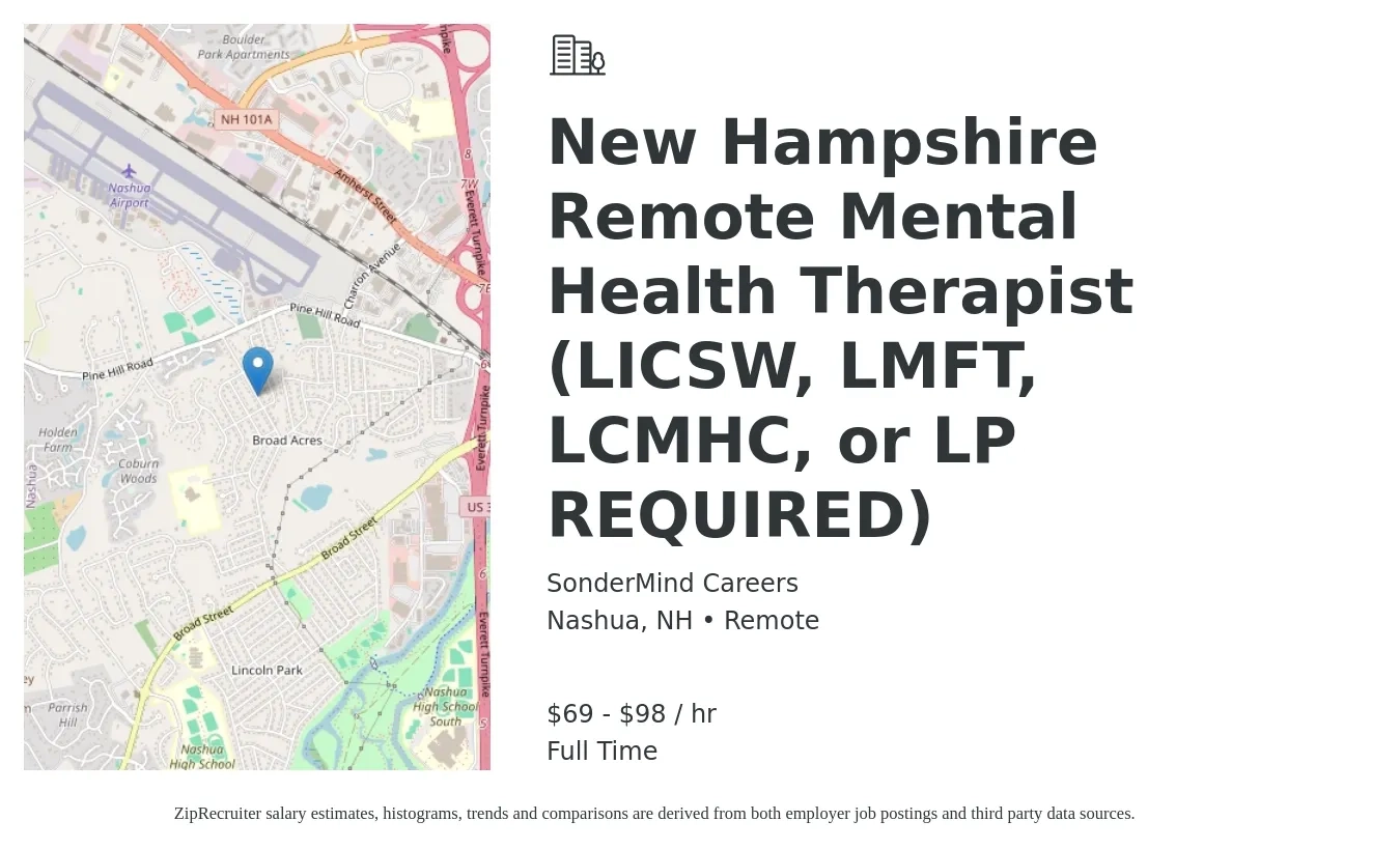 SonderMind Careers job posting for a New Hampshire Remote Mental Health Therapist (LICSW, LMFT, LCMHC, or LP REQUIRED) in Nashua, NH with a salary of $72 to $102 Hourly with a map of Nashua location.