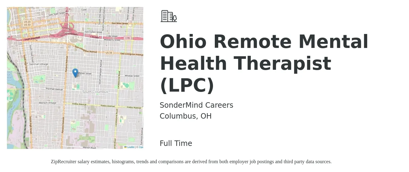 SonderMind Careers job posting for a Ohio Remote Mental Health Therapist (LPC) in Columbus, OH with a salary of $59,900 to $96,600 Yearly with a map of Columbus location.