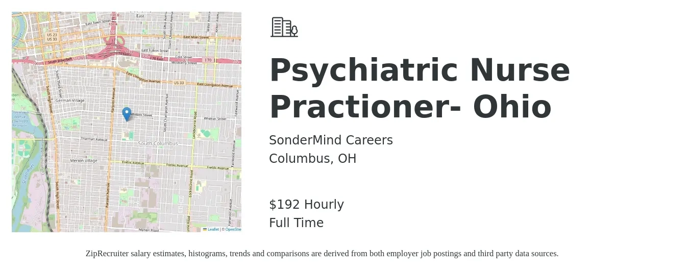 SonderMind Careers job posting for a Psychiatric Nurse Practioner- Ohio in Columbus, OH with a salary of $200 Hourly with a map of Columbus location.