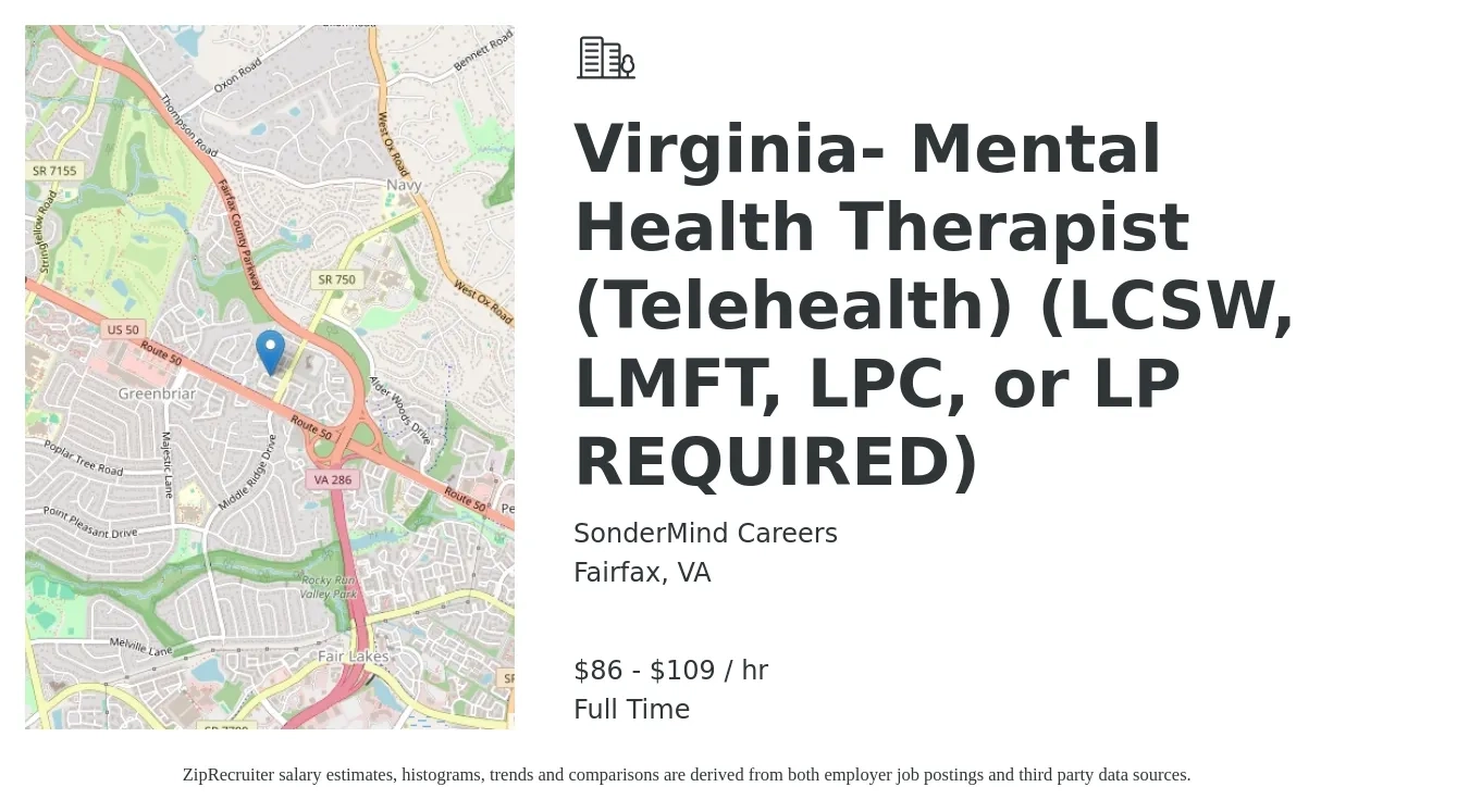 SonderMind Careers job posting for a Virginia- Mental Health Therapist (Telehealth) (LCSW, LMFT, LPC, or LP REQUIRED) in Fairfax, VA with a salary of $90 to $114 Hourly with a map of Fairfax location.
