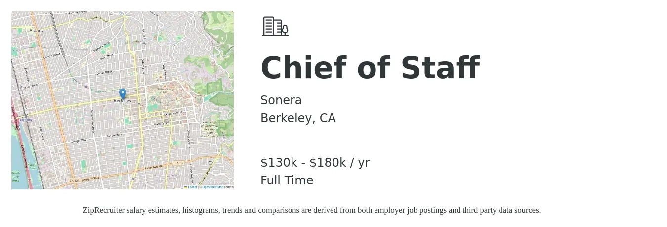 Sonera job posting for a Chief of Staff in Berkeley, CA with a salary of $130,000 to $180,000 Yearly with a map of Berkeley location.
