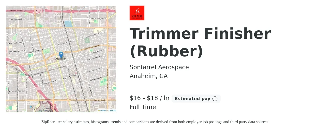 Sonfarrel Aerospace job posting for a Trimmer Finisher (Rubber) in Anaheim, CA with a salary of $17 to $19 Hourly with a map of Anaheim location.