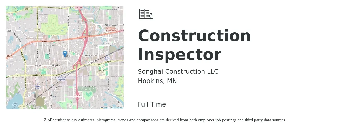 Songhai Construction LLC job posting for a Construction Inspector in Hopkins, MN with a salary of $50,400 to $79,400 Yearly with a map of Hopkins location.