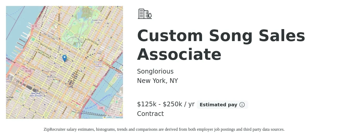 Songlorious job posting for a Custom Song Sales Associate in New York, NY with a salary of $125,000 to $250,000 Yearly with a map of New York location.