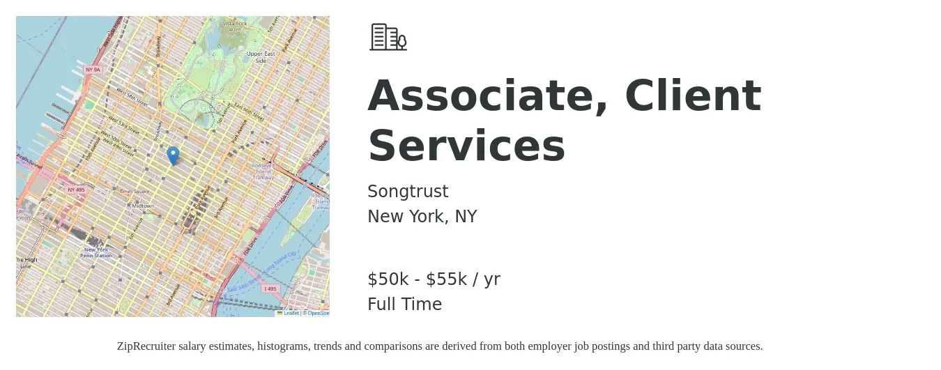 Songtrust job posting for a Associate, Client Services in New York, NY with a salary of $50,000 to $55,000 Yearly with a map of New York location.
