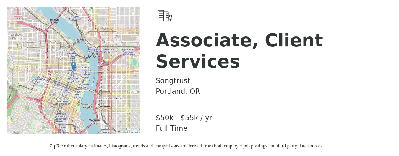 Songtrust job posting for a Associate, Client Services in Portland, OR with a salary of $50,000 to $55,000 Yearly with a map of Portland location.