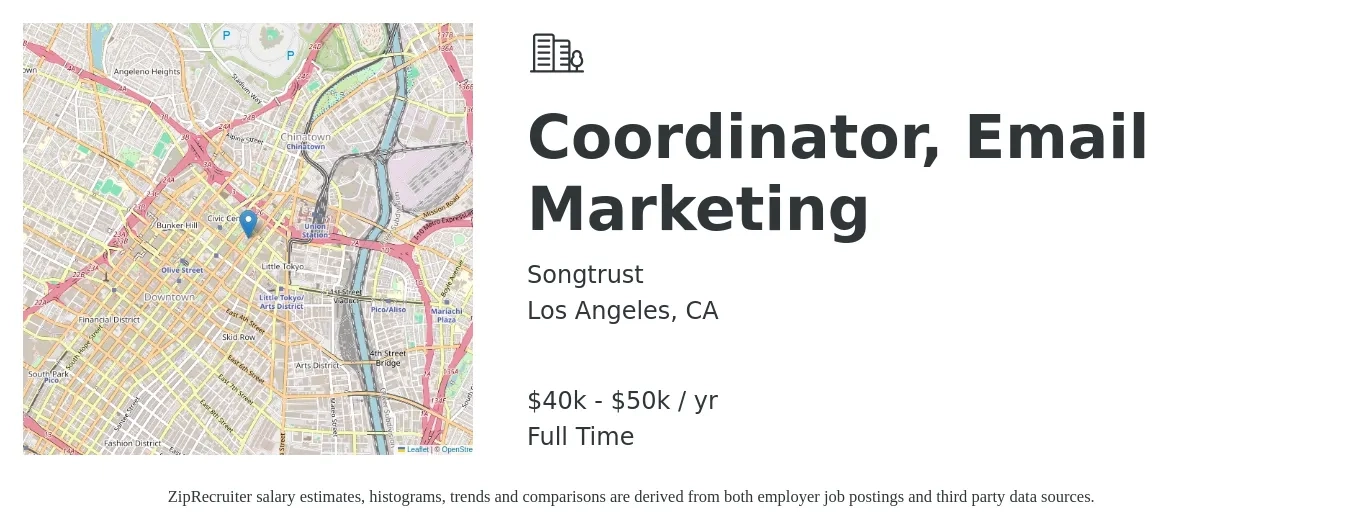 Songtrust job posting for a Coordinator, Email Marketing in Los Angeles, CA with a salary of $40,000 to $50,000 Yearly with a map of Los Angeles location.