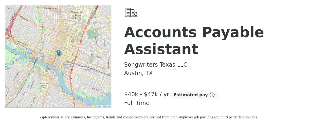 Songwriters Texas LLC job posting for a Accounts Payable Assistant in Austin, TX with a salary of $40,000 to $47,000 Yearly with a map of Austin location.