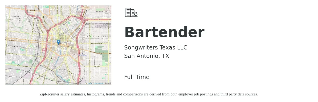 Songwriters Texas LLC job posting for a Bartender in San Antonio, TX with a salary of $8 to $16 Hourly with a map of San Antonio location.