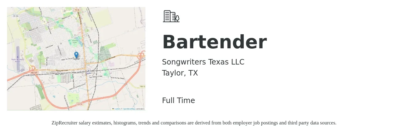 Songwriters Texas LLC job posting for a Bartender in Taylor, TX with a salary of $10 to $19 Hourly with a map of Taylor location.