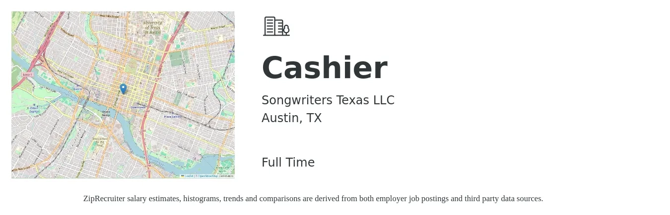 Songwriters Texas LLC job posting for a Cashier in Austin, TX with a salary of $11 to $15 Hourly with a map of Austin location.