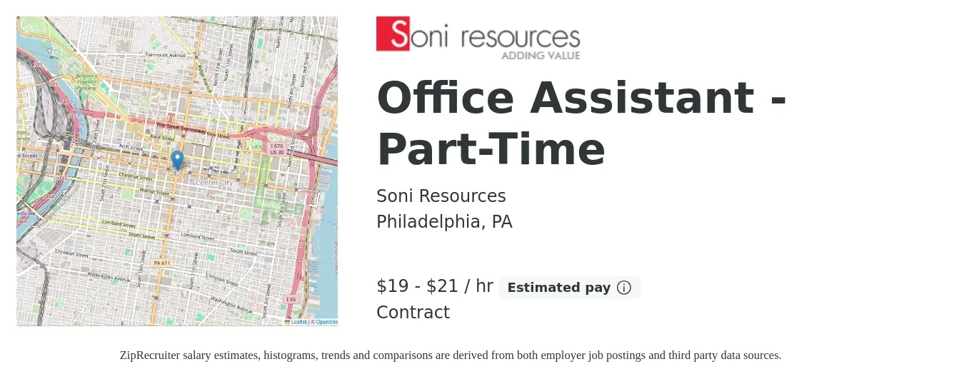 Soni Resources job posting for a Office Assistant - Part-Time in Philadelphia, PA with a salary of $20 to $22 Hourly and benefits including life_insurance, and retirement with a map of Philadelphia location.