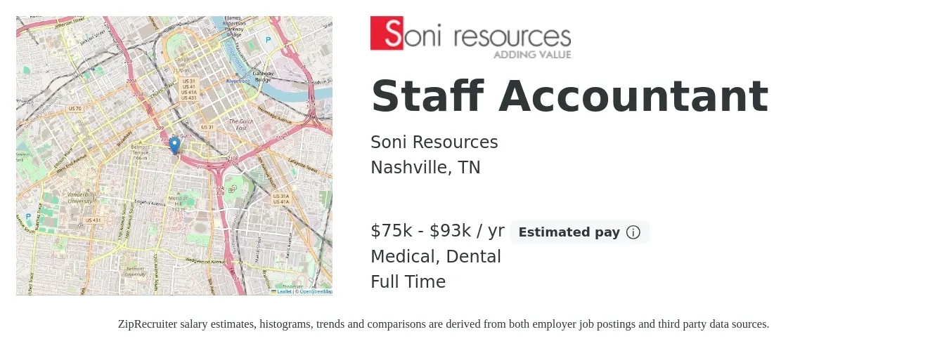 Soni Resources job posting for a Staff Accountant in Nashville, TN with a salary of $75,000 to $93,000 Yearly and benefits including dental, life_insurance, medical, pto, and retirement with a map of Nashville location.