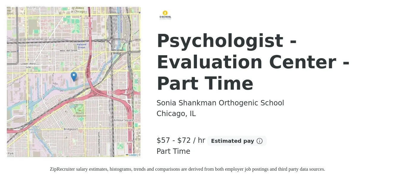 Sonia Shankman Orthogenic School job posting for a Psychologist - Evaluation Center - Part Time in Chicago, IL with a salary of $60 to $75 Hourly with a map of Chicago location.