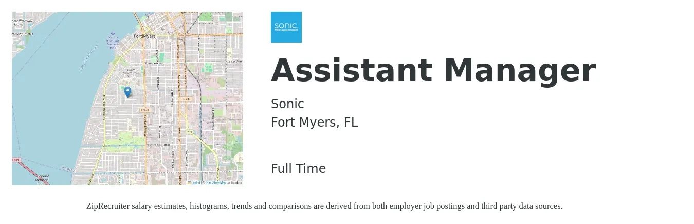 Sonic job posting for a Assistant Manager in Fort Myers, FL with a salary of $12 to $15 Hourly with a map of Fort Myers location.