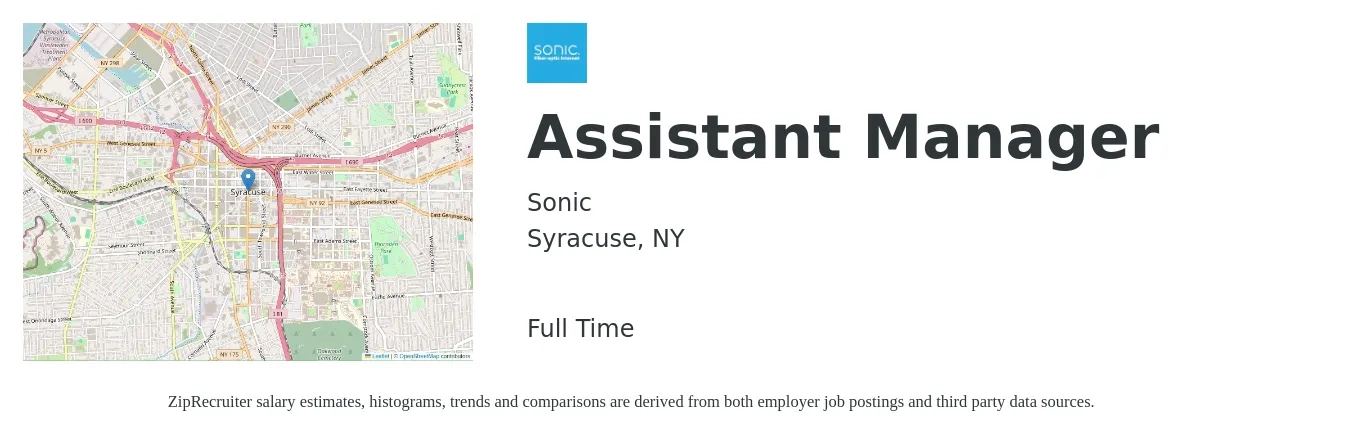 Sonic job posting for a Assistant Manager in Syracuse, NY with a salary of $16 to $25 Hourly with a map of Syracuse location.