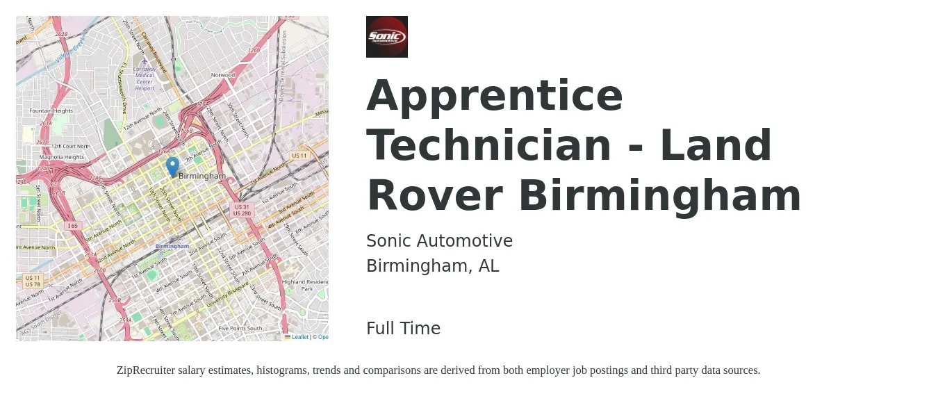 Sonic Automotive job posting for a Apprentice Technician - Land Rover Birmingham in Birmingham, AL with a salary of $16 to $20 Hourly with a map of Birmingham location.