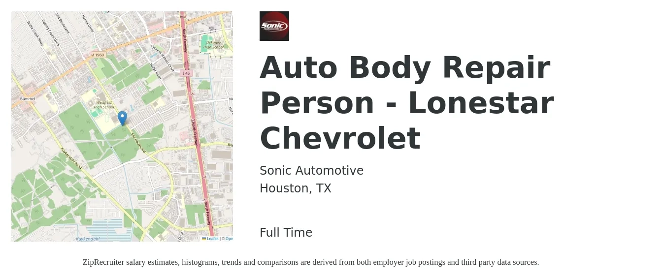 Sonic Automotive job posting for a Auto Body Repair Person - Lonestar Chevrolet in Houston, TX with a salary of $20 to $32 Hourly with a map of Houston location.