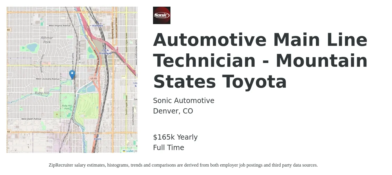 Sonic Automotive job posting for a Automotive Main Line Technician - Mountain States Toyota in Denver, CO with a salary of $165,000 Yearly with a map of Denver location.