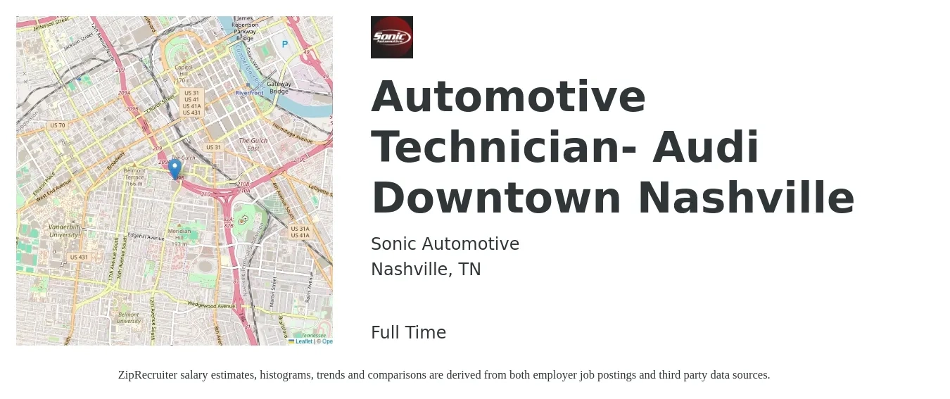 Sonic Automotive job posting for a Automotive Technician- Audi Downtown Nashville in Nashville, TN with a salary of $21 to $34 Hourly with a map of Nashville location.