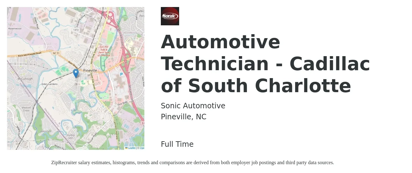 Sonic Automotive job posting for a Automotive Technician - Cadillac of South Charlotte in Pineville, NC with a salary of $21 to $33 Hourly with a map of Pineville location.