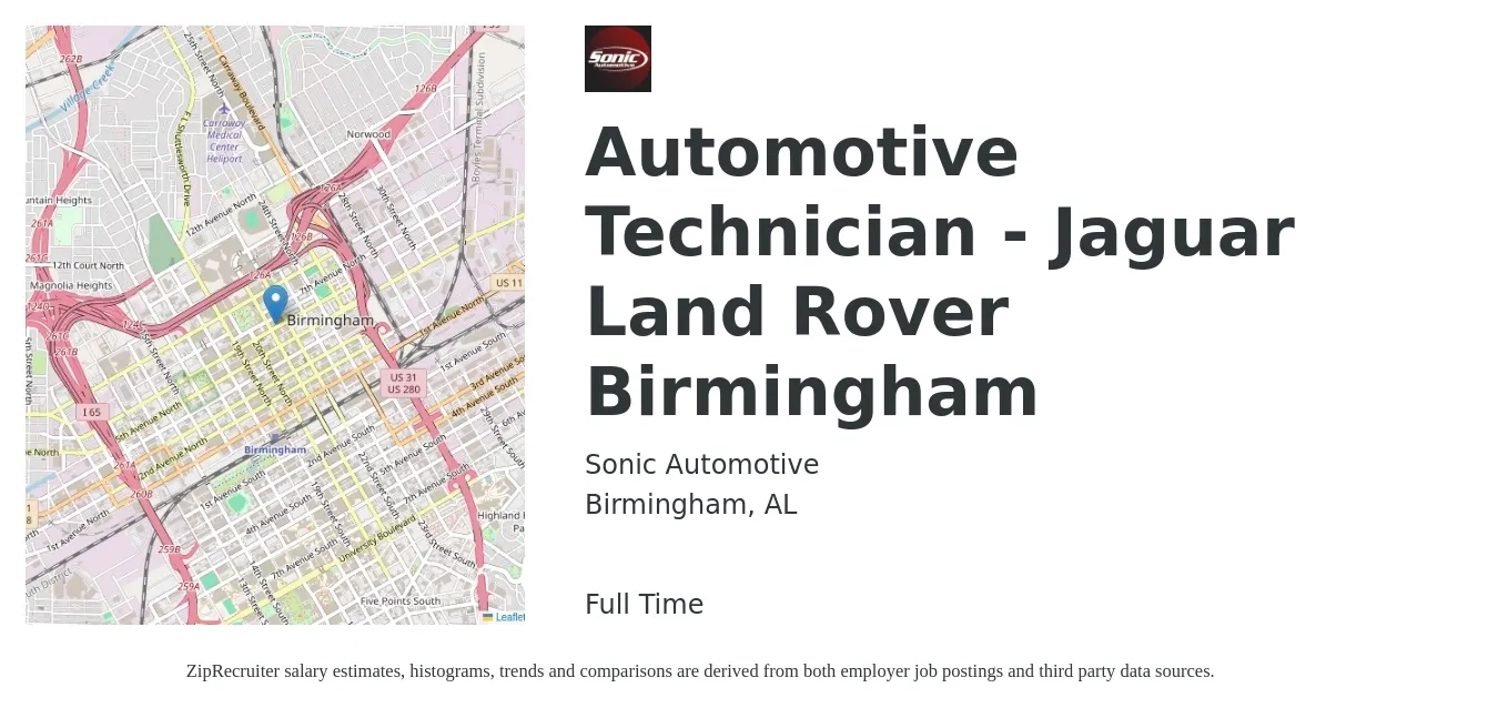 Sonic Automotive job posting for a Automotive Technician - Jaguar Land Rover Birmingham in Birmingham, AL with a salary of $20 to $32 Hourly with a map of Birmingham location.