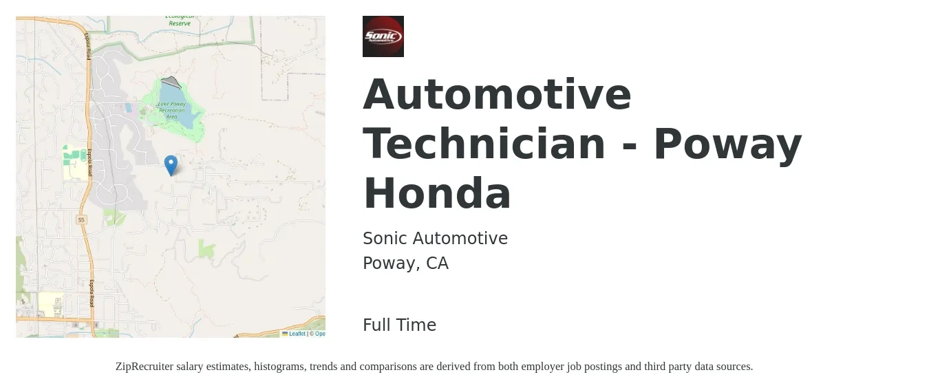 Sonic Automotive job posting for a Automotive Technician - Poway Honda in Poway, CA with a salary of $36 Hourly with a map of Poway location.