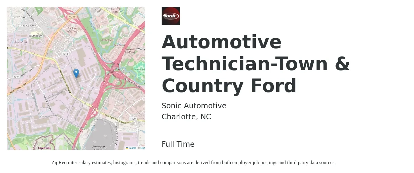 Sonic Automotive job posting for a Automotive Technician-Town & Country Ford in Charlotte, NC with a salary of $20 to $32 Hourly with a map of Charlotte location.